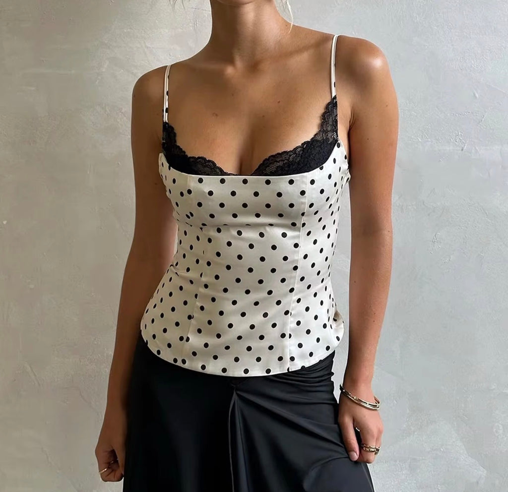 Lace trim polka dot cami top
