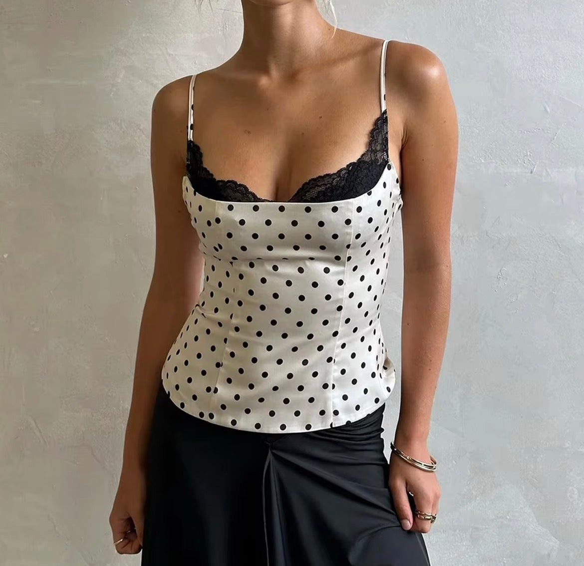 Lace trim polka dot cami top